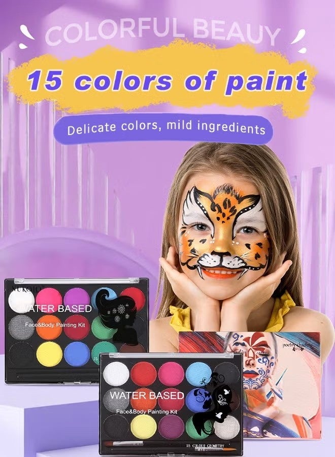 Face Painting Kit for Kids - 15 Color Large Water Based Makeup Paints with Stencils, 2 Brushes, Makeup Kit, Safe Professional Body & Face Paint Kit - Image 2